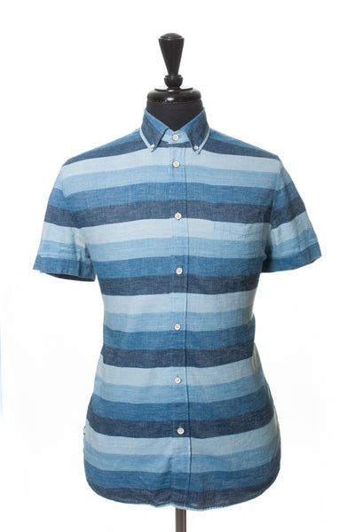 Rag & Bone Blue Striped Linen Blend Short Sleeve Shirt Large