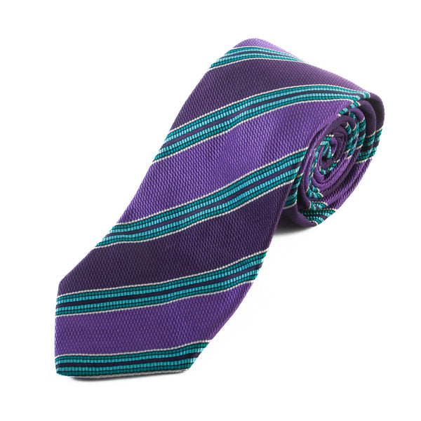 Etro Teal Blue on Purple Striped Silk Cotton Tie