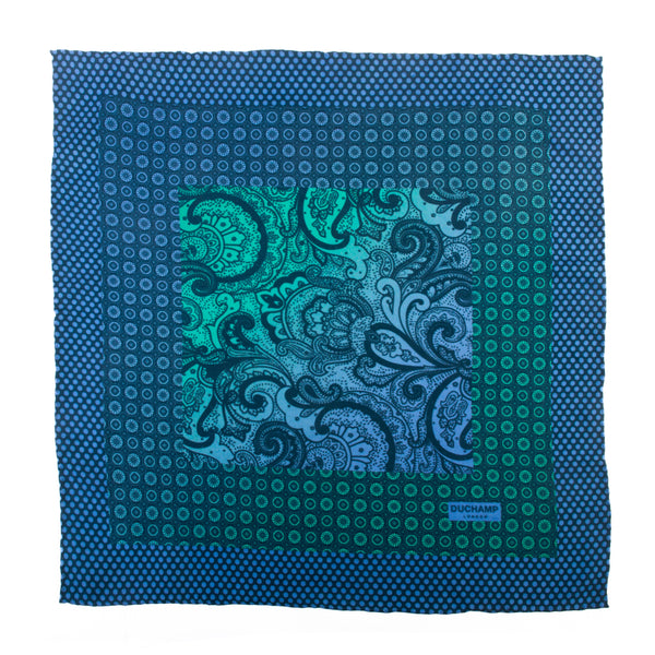 Duchamp Blue and Green Hand Printed Pocket Square