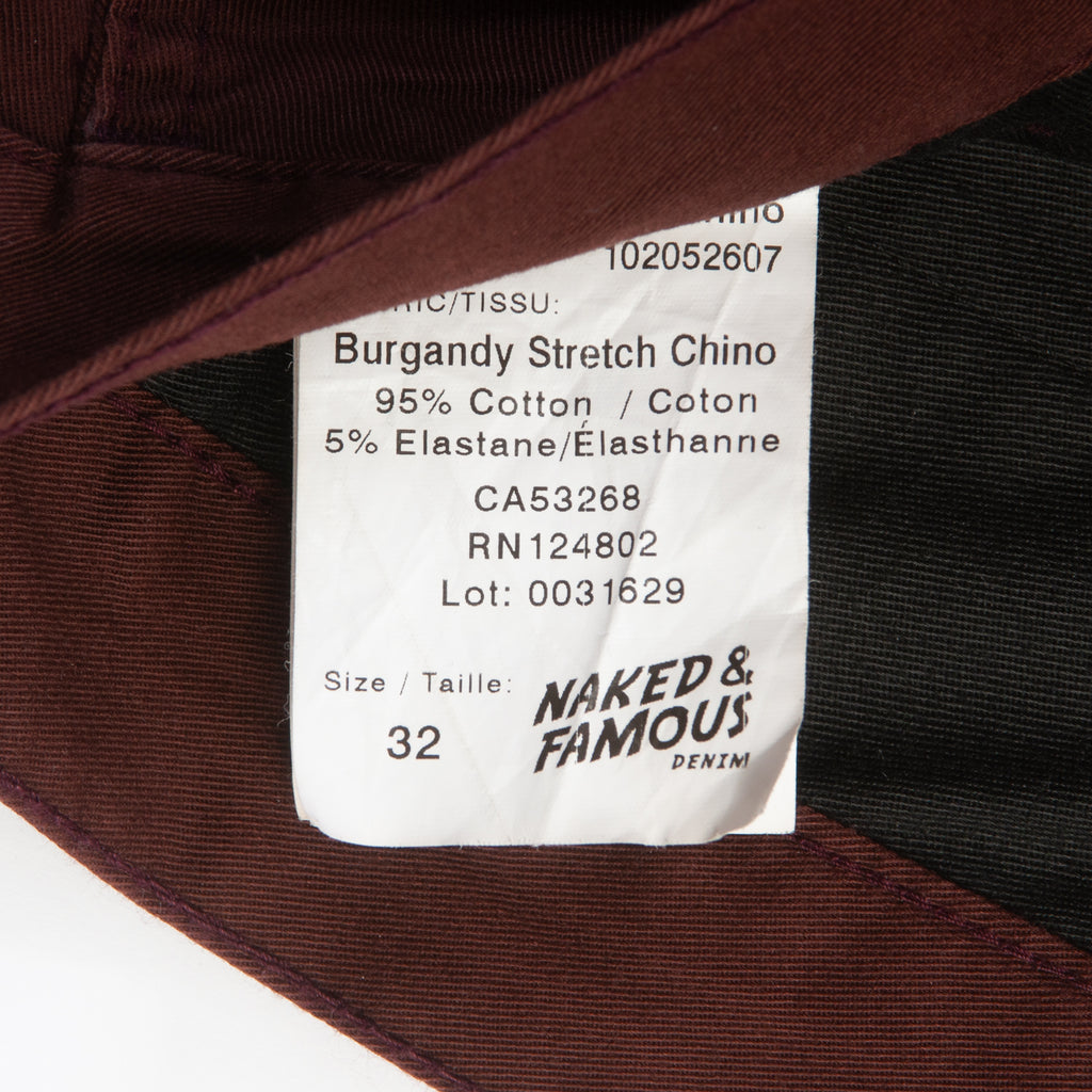 Naked & Famous Burgundy Stretch Slim Chino Pants