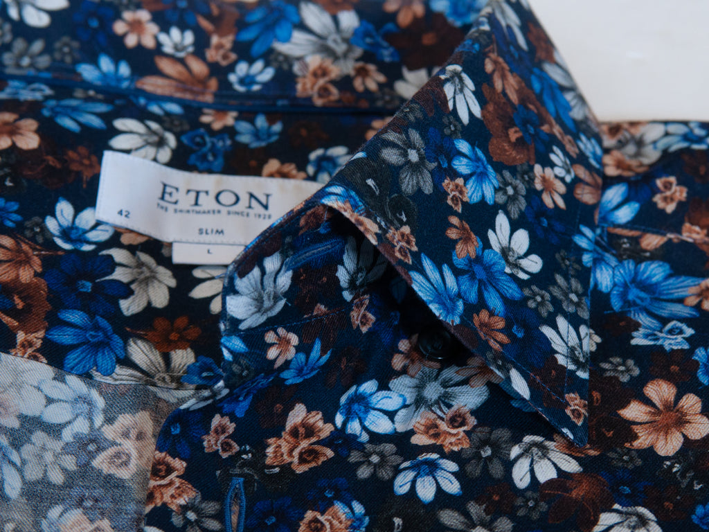 Eton Navy Blue Slim Fit Floral Print Signature Twill Shirt