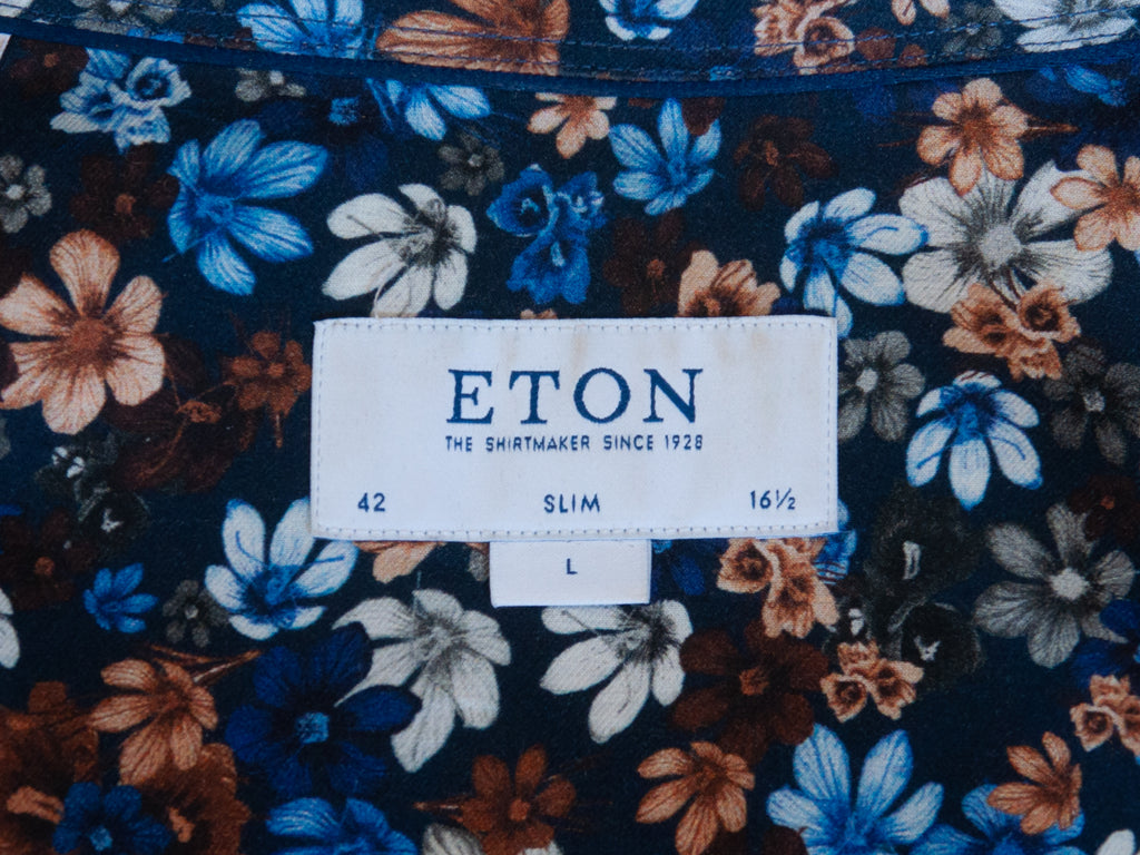 Eton Navy Blue Slim Fit Floral Print Signature Twill Shirt