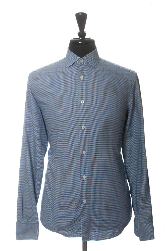 ZZegna Blue and White Houndstooth Regular Fit Shirt