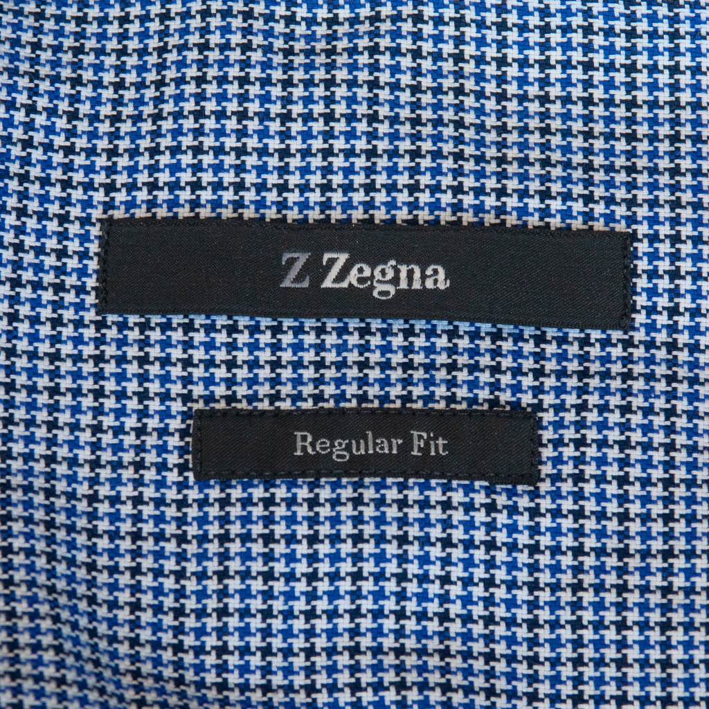 ZZegna Blue and White Houndstooth Regular Fit Shirt