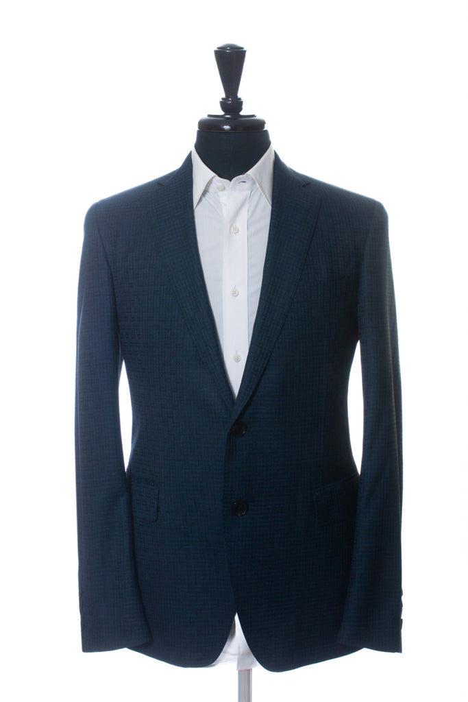 Etro Milano Navy Blue Basketweave Print Suit