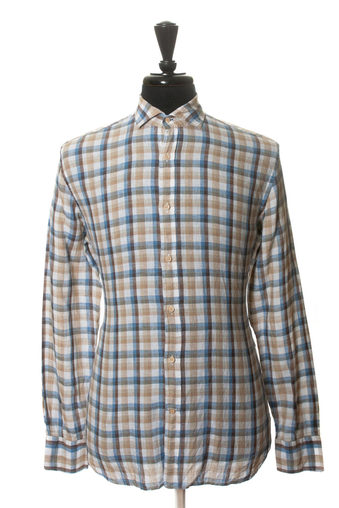 Corneliani ID Brown and Blue Check Linen Shirt