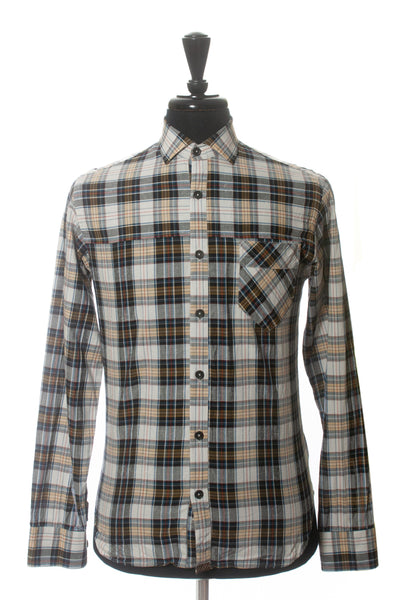 Billy Reid Blue on White Check Slub Weave Slim Cut Shirt