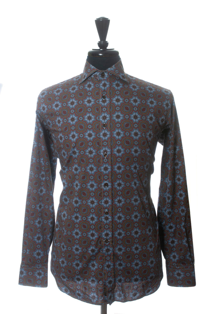 Etro Red Blue and Brown Geometric Print Dress Shirt