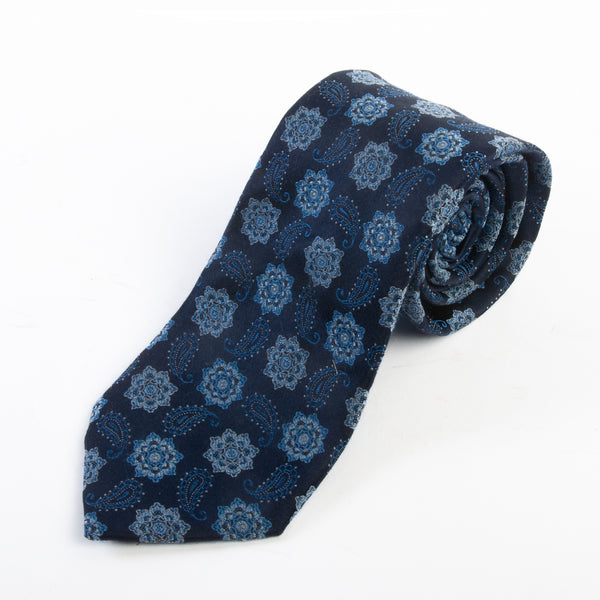 Canali Navy Blue Medallion and Paisley Tie