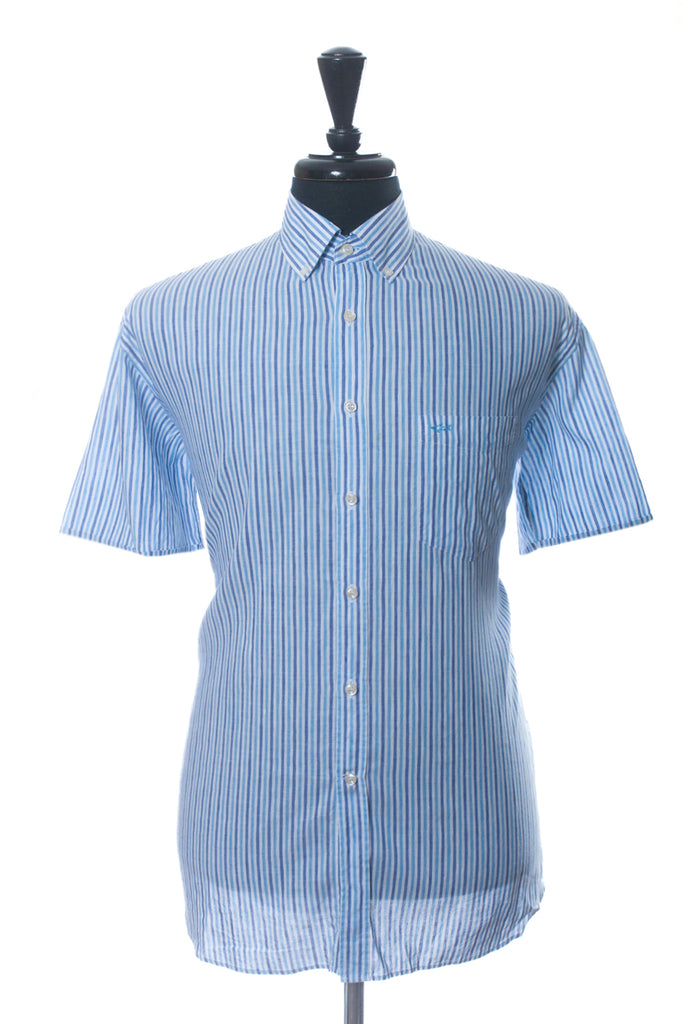 Paul & Shark Blue Striped Linen Blend Short Sleeve Shirt