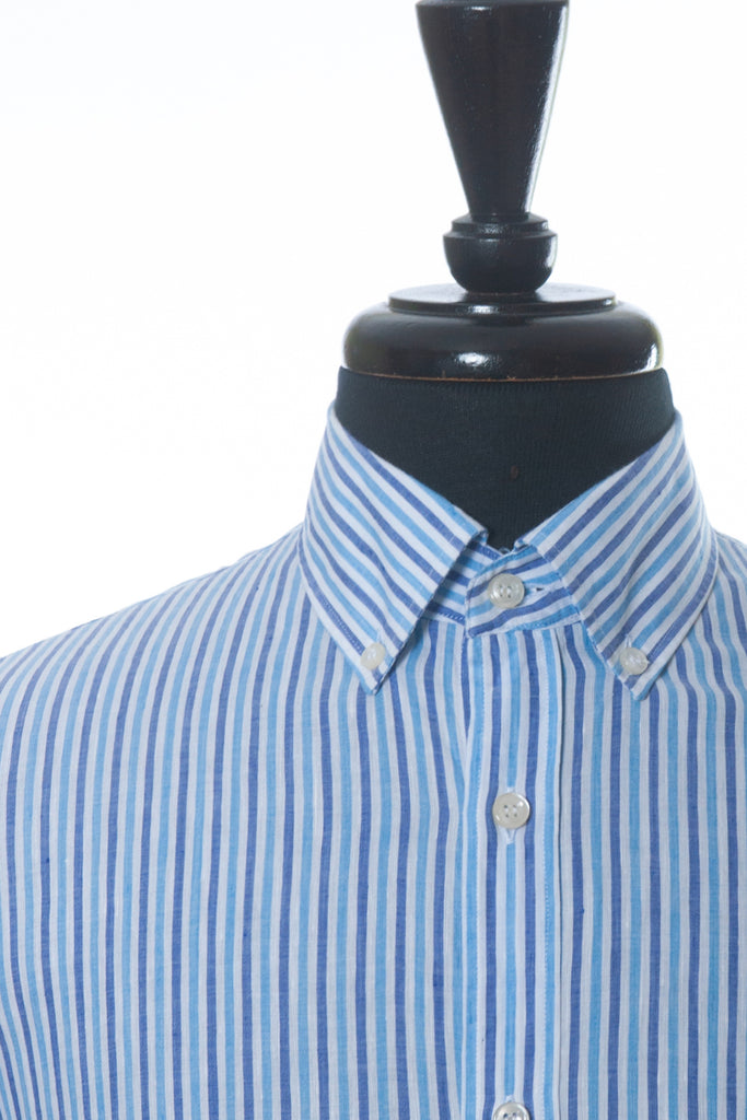 Paul & Shark Blue Striped Linen Blend Short Sleeve Shirt