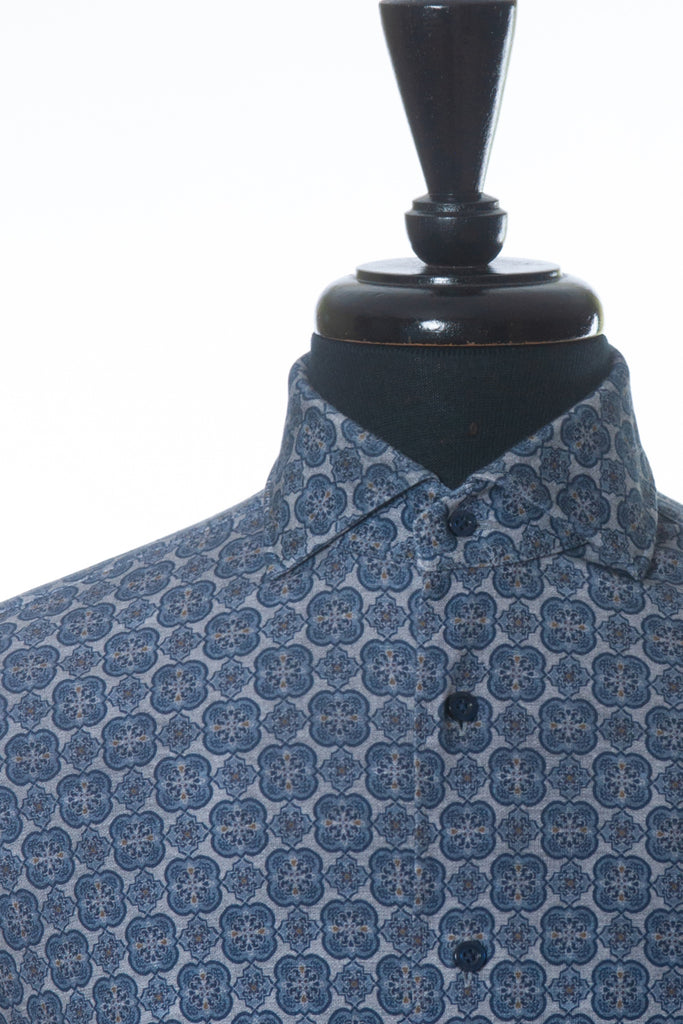 Emanuel Berg Slate Blue Geometric Print Jersey Modern Fit Shirt