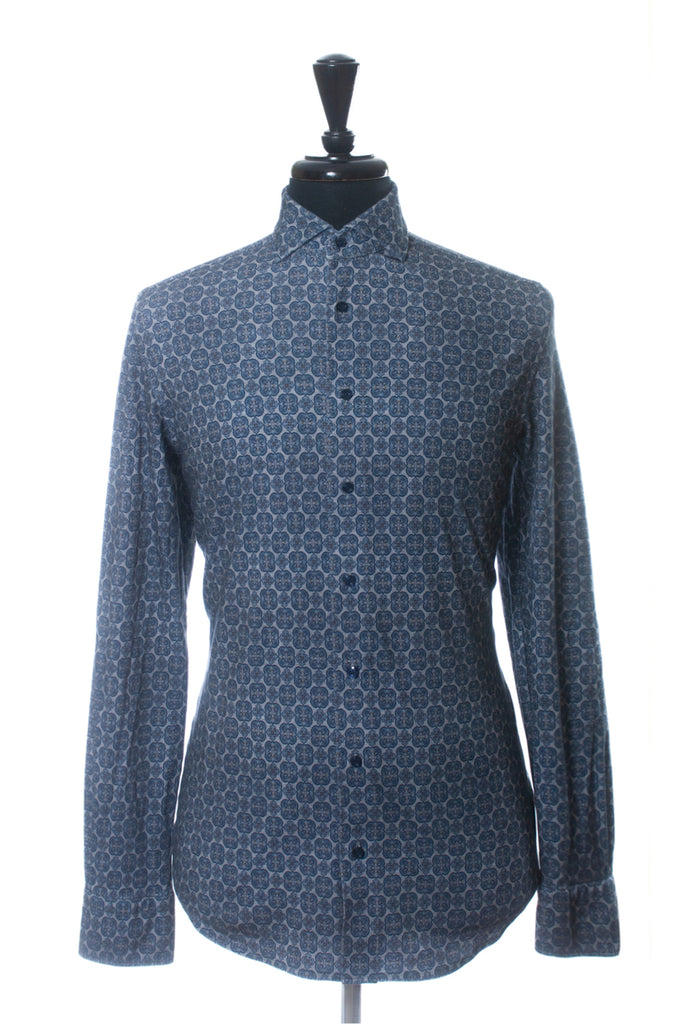 Emanuel Berg Slate Blue Geometric Print Jersey Modern Fit Shirt