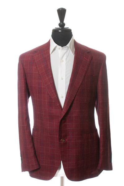 Canali 1934 Burgundy Check Silk Linen Blazer