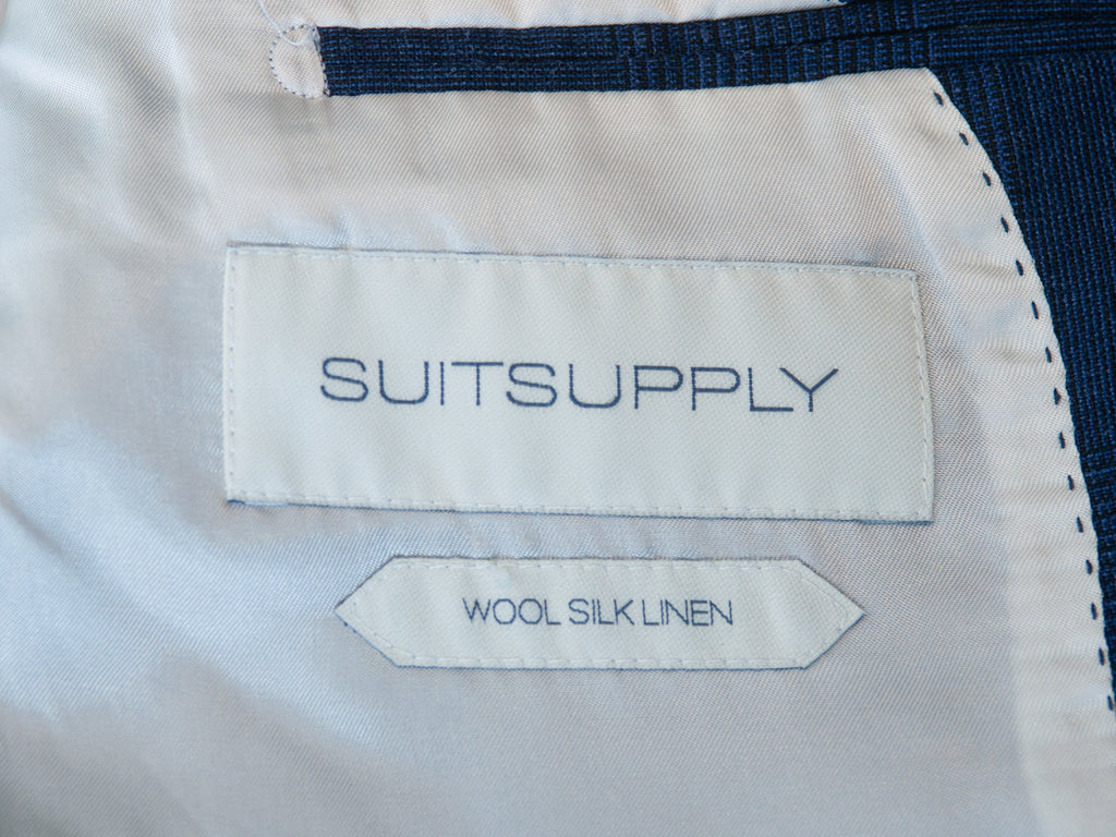 SuitSupply Blue Check Wool Silk Linen Lazio Slim Blazer