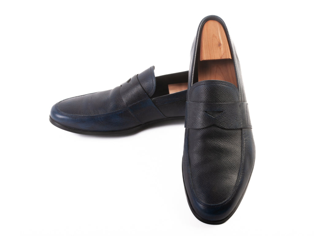 Prada Blue Textured Leather Penny Loafers