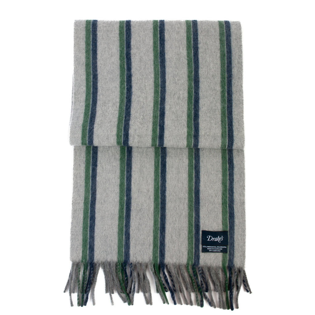 Drake’s Grey Striped Angora-Wool Scarf