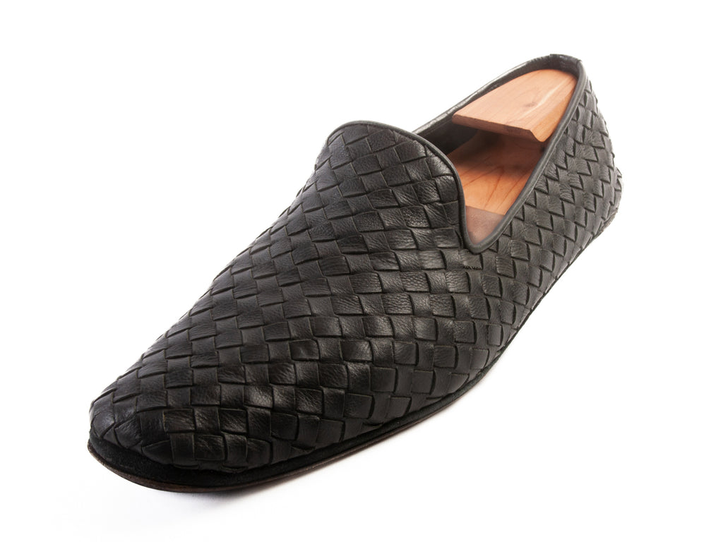 Bottega Veneta Black Woven Leather Slip-Ons