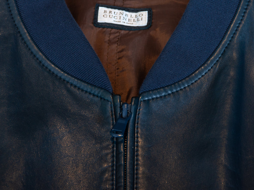 Brunello Cucinelli Blue Leather Jacket