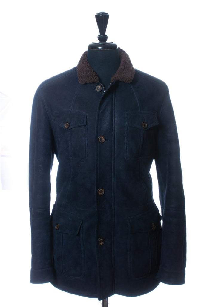 Brunello Cucinelli Navy Blue Shearling Coat