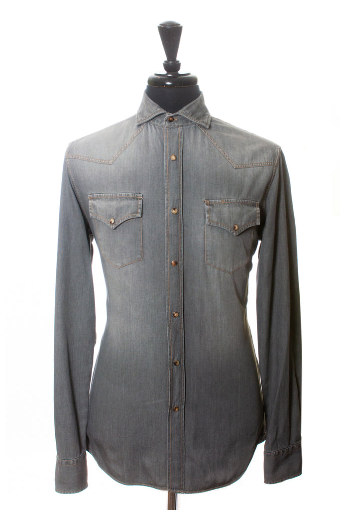 Brunello Cucinelli Gray Washed Chambray Leisure Fit Western Shirt