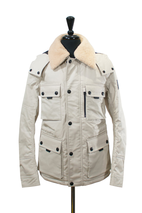 Belstaff Montfield Shearling Trim Multi-Pocket Coat in Mist Beige